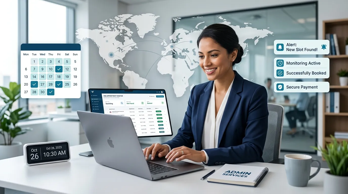 Professional monitoring visa appointments on a laptop with calendar and world map